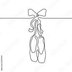 a line drawing of a pair of shoes hanging from a string with a bow on it