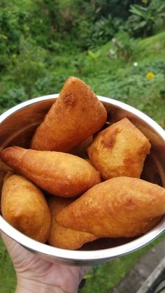 a person holding a bowl filled with fried food in front of some grass and trees