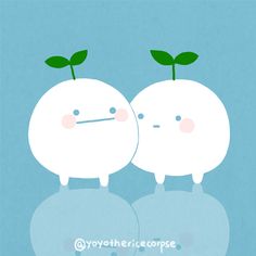 two white apples with green leaves on their heads, one is frowning at the other