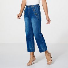 DG2 by Diane Gilman New Classic Stretch Denim Pull-On Crop Sailor Jean  You'll be at the helm of fashion when you slip into these vintage-inspired, cropped sailor jeans. Featuring an easy pull-on style with encased elastic waistband and Diane's super-soft and stretchy new classic stretch denim, this flattering straight-leg silhouette is all-aboard for a great look any time. Sailor Jeans, Sailor Jean, Hair Fragrance, New Classic, Stretch Denim, White Jeans, Fashion Clothes Women, Vintage Inspired, Straight Leg