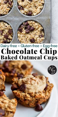 chocolate chip baked oatmeal cups in muffin tins with text overlay