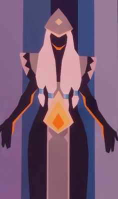 the animated character is standing in front of blue and purple striped background with an orange triangle