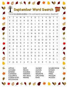 an autumn word search is shown with leaves and acorns on the bottom right corner