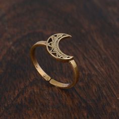 "Crescent Moon Ring, Half Moon Ring, Gold Boho Ring, Vintage Celtic Moon Ring, Lunar Ring, Adjustable Ring, Gift For Her, Minimalist ring ♥ DETAILS ♥ *Materials: Brass *Size: All sizes are available. ♥ DELIVERY ♥ *IMPORTANT: Before placing an order, please double-check check your delivery address is correct and complete to avoid delays and lost packages. *You can return your purchased item within 15 days after successful delivery. *We offer a 100% \"Money Back Guarantee\" if you are not satisfie Crescent Moon Ring Silver, Moon Ring Gold, Gold Moon Ring, Adjustable Rings With Moon Charm, Adjustable Moon Charm Promise Ring, Gold Adjustable Ring With Moon Charm, Adjustable Moon Shaped Promise Ring, Adjustable Gold Ring With Moon Charm, Bohemian Moon Shape Promise Ring