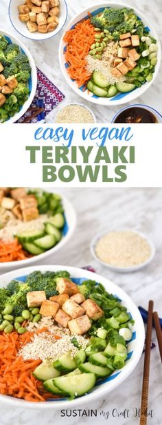 this easy vegan teriyaki bowl is loaded with carrots, broccoli, cucumbers and sesame seeds