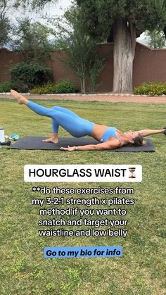 a woman doing yoga in the grass with an ad on her side that reads, hourglass waist