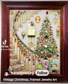 a christmas tree with many ornaments hanging on it's side and the words vintage christmas, framed jewelry art