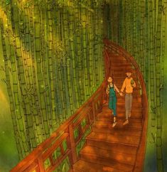 two people walking across a wooden bridge in the woods with bamboo trees on either side