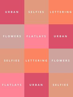 the different font styles and colors on this poster are all in shades of pink, orange,