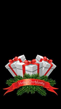 two wrapped presents with red ribbon and bow on black background for merry christmas card or banner