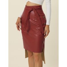 High-waist design, especially accentuates the waist, making women appear slender and elegant. Keep it simple yet stylish with this leather skirt. This leather skirt is perfect for those who want to make a statement and turn heads wherever they go. Crafted from better materials, this leather skirt is soft and luxuriant against your skin. Style: The belt knot and asymmetric hem add a modern feel to the timeless mini length, while the soft leather fabric is perfect for staying cozy on chilly days. High Waist Leather Skirt For Fall, Chic Belted Faux Leather Skirt, Chic Pencil Skirt With Belt Loops, Trendy High Waist Leather Skirt, Chic Burgundy Skirt For Work, Chic Burgundy Skirt, Chic Knee-length Faux Leather Bottoms, Elegant High Waisted Faux Leather Pencil Skirt, Elegant High Waist Faux Leather Pencil Skirt