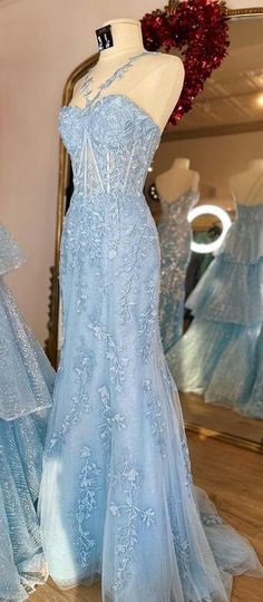 Closed Back Prom Dress, Red Head Prom Dress Hair Colors, Prom Season Lace Mermaid Dress, Blue Prom Dress With Lace Trim, Blue Fitted Lace Princess Dress, Blue Lace Trim Prom Dress, Red Mermaid Prom Dress Lace, Prom Dress Uk, Lavender Prom Dress Long