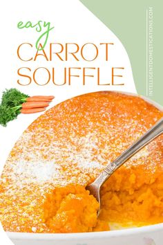 carrot souffle in a white bowl with a spoon