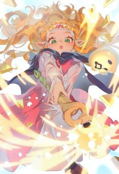 an anime character with blonde hair and green eyes holding a golden key in her hand