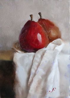 an oil painting of two apples on a cloth