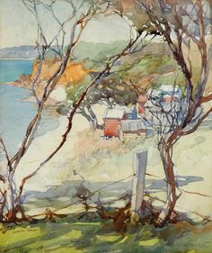 watercolor painting of trees and houses by the ocean