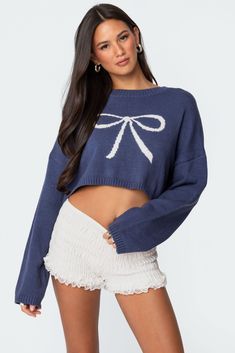 Knit Bow Cropped Sweater Cropped Cable Knit Sweater, Knit Bow, Bow Sweater, Lace Trim Shorts, Sweater Crop, Crop Sweater, Knitting Women, Ribbed Sweater, Sweaters Oversized