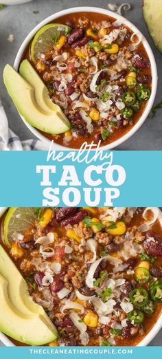 two bowls of healthy taco soup with avocado