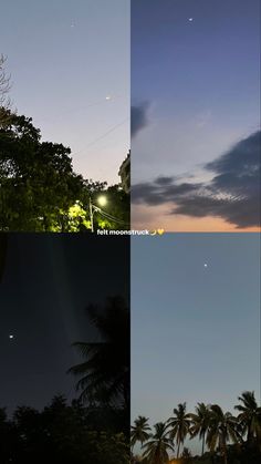 three different shots of the sky at night and in the day, with trees on both sides