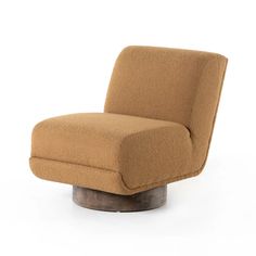 an upholstered chair with a wooden base and brown fabric on the back, in front of a white background