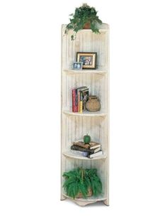 three tiered shelf with potted plants and bookshelves on each shelf in the corner