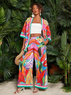 Floral Print Kimono & Wide Leg Pants, Vacation Outfit Multicolor Boho    Tropical,Plants,All Over Print  Non-Stretch  Women Clothing, size features are:Bust: ,Length: ,Sleeve Length: Tropical Set Outfit, Tropical Cute Outfits, Pants Vacation Outfit, Kimono Boho, Boho Tropical, Floral Print Kimono, Chiffon Shorts, Bow Shorts, Floral Print Chiffon