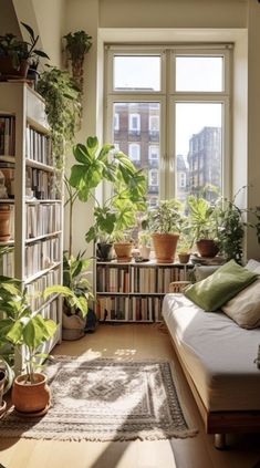 a living room filled with lots of plants and bookshelves next to a window