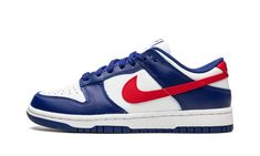 The Women’s Nike Dunk Low “USA” celebrates Memorial Day, Independence Day, and all patriotic holidays and sentiments with this accurately colored classic sneaker that emulates the American flag.  The Dunk Low for women arrives with a white leather base and blue and red leather overlays.  In the Dunk’s most classic materials, a white nylon tongue and white and blue rubber sole unit complete the design. Nike Dunk Low Usa, Womens Dunk Low, Usa Shoes, Jordan Yeezy, Cute Nike Shoes, Cute Nikes, Red Nike, Stadium Goods, Womens Nike