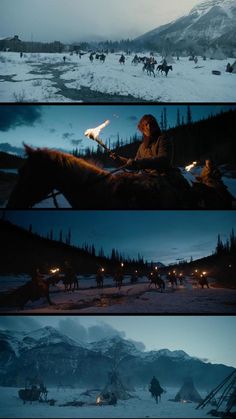 three different shots of people riding horses in the snow at night and on horseback with torches