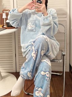 Sanrio Pajamas Set Anime Cinnamoroll Flannel Sleepwear Pants Cute Women Pullover Coral Velvet Winter Cinamoroll Pants, Cinnamon Roll Pajamas Sanrio, Cute Blue Pajamas, Kawaiicore Pajamas, Cinnamoroll Pjs, Blue Pajamas Aesthetic, Pjamamas Aesthetic, Sanrio Pjs, Pastel Pajamas