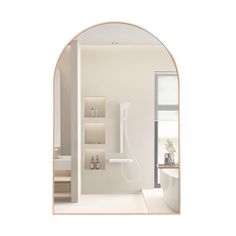 an arch shaped mirror in the middle of a room with a sink and bathtub