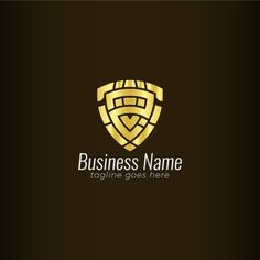 a golden shield logo on a black background with the words, business name and initials