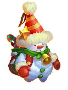 a snowman wearing a party hat and scarf with bells on his neck, standing in front of a white background