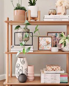 a wooden shelf filled with potted plants next to books and other items on top of it