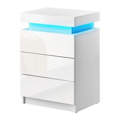 a white dresser with blue lights on top