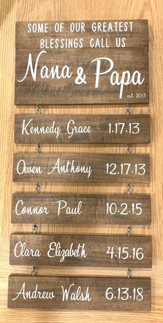 wooden signs with names and date on them