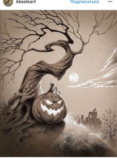 a drawing of a jack - o'- lantern sitting on top of a tree