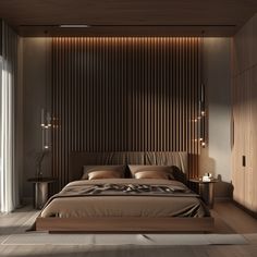 a large bed sitting in the middle of a bedroom next to a tall wooden wall