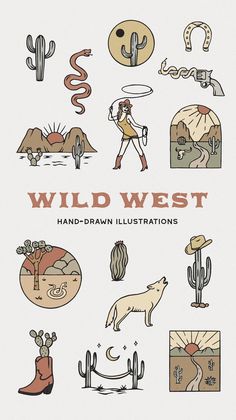 wild west hand - drawn illustrations are featured in this book cover art printables