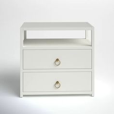 a white nightstand with two drawers on it