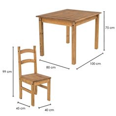 a wooden table and two chairs with measurements