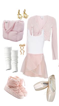 ballet clothes and accessories are arranged in the shape of a ballerina's outfit