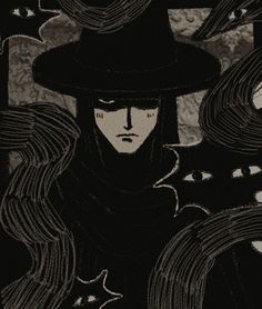 a black and white drawing of a woman with long hair wearing a hat, standing in front of an abstract background