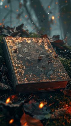 an old book laying on the ground surrounded by leaves and fireflies in the background