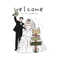 a couple standing next to each other in front of a sign that says, welcome to our wedding