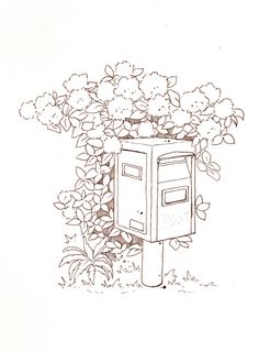 a black and white drawing of a mailbox in the grass with flowers growing out of it