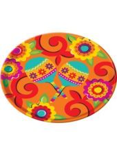 an orange paper plate with colorful flowers and hearts painted on the side, in front of a white background