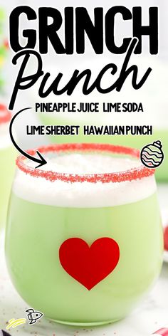 a green drink with a red heart in it and the words grin punch above it