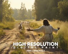 a man with his arms outstretched in the middle of a dirt road as sheep run behind him