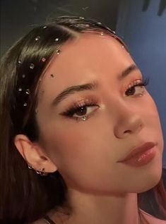 Pearly Hairstyle, Euphoria Prom Theme Outfits, Prom Hairstyle Straight Hair, Glitter Night Outfit, Homecoming Makeup With Rhinestones, Olivia Rodrigo Concert Hair Ideas, Outfit Ideas For 21st Birthday, Eras Tour Makeup Ideas Folklore, Bedazzled Hairstyles